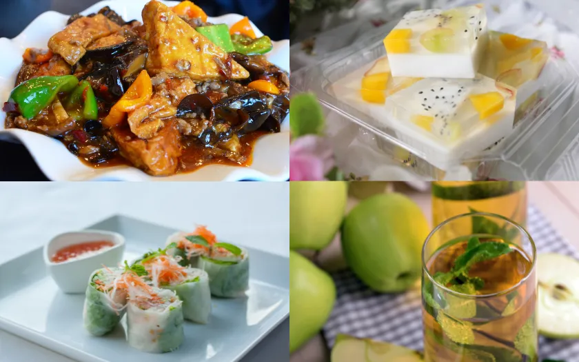 Thực đơn buffet chay gồm nem cuốn, đậu hũ kho tiêu, thạch dừa, nước ép táo bạc hà