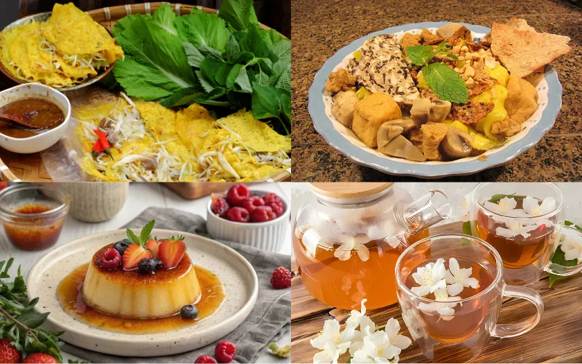 Thực đơn buffet chay gồm bánh xèo, mì Quảng chay, bánh flan, trà hoa nhài