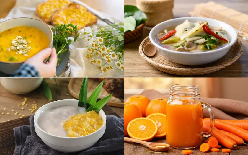 Thực đơn buffet chay bao gồm súp bí đỏ, canh măng nấm, chè bắp, nước ép cam