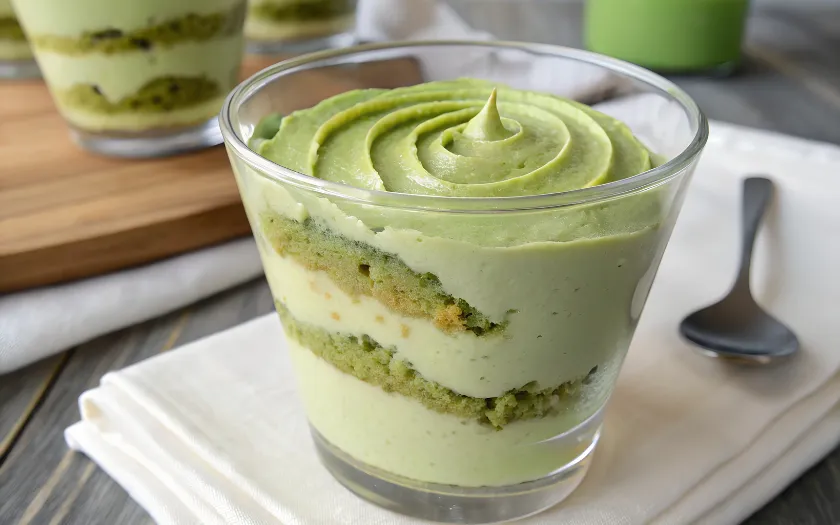 Mousse matcha trong ly thủy tinh được trình bày bắt mắt với các lớp xen kẽ giữa bánh bông lan mềm
