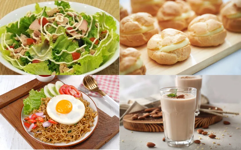 Thực đơn bao gồm: Salad rau củ, mì xào, bánh su, sữa hạt