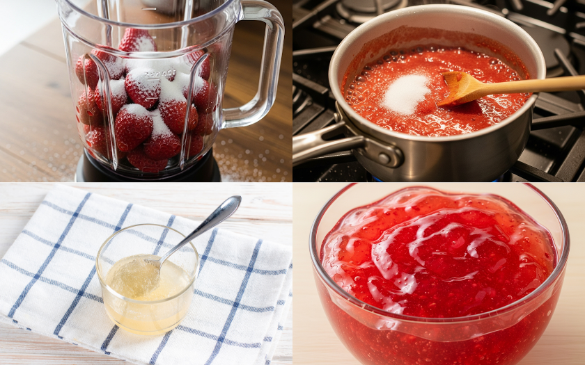 Dâu tây tươi được xay nhuyễn cùng đường, nấu chín thành sốt dâu sánh mịn
