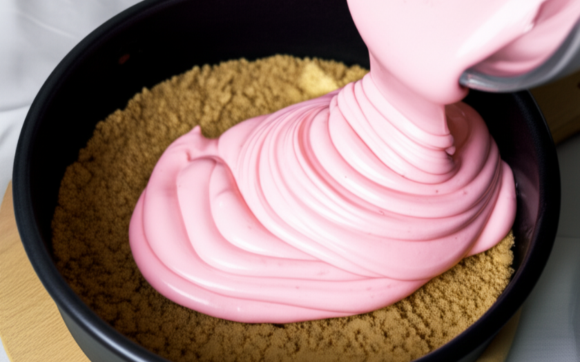 Hỗn hợp mousse dâu hồng mịn được đổ đều lên phần đế bánh quy