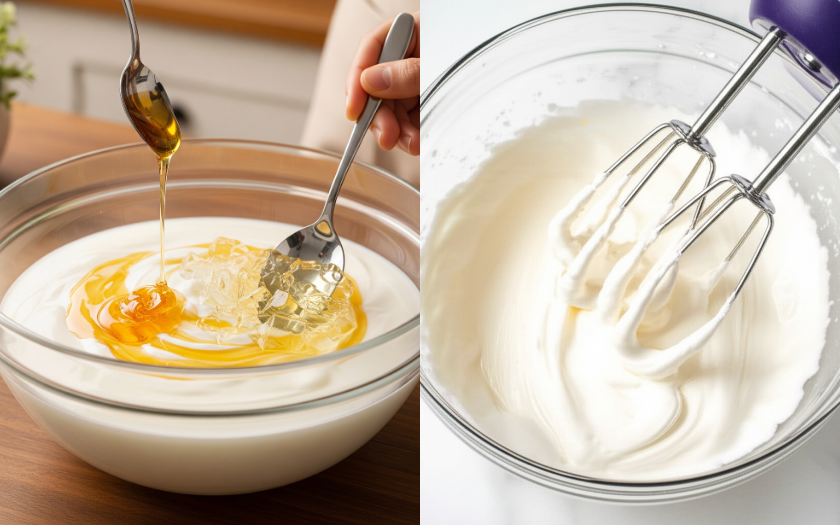 Sữa chua kết hợp gelatin và mật ong, sau đó đánh cùng kem tươi để tạo lớp mousse trắng mịn