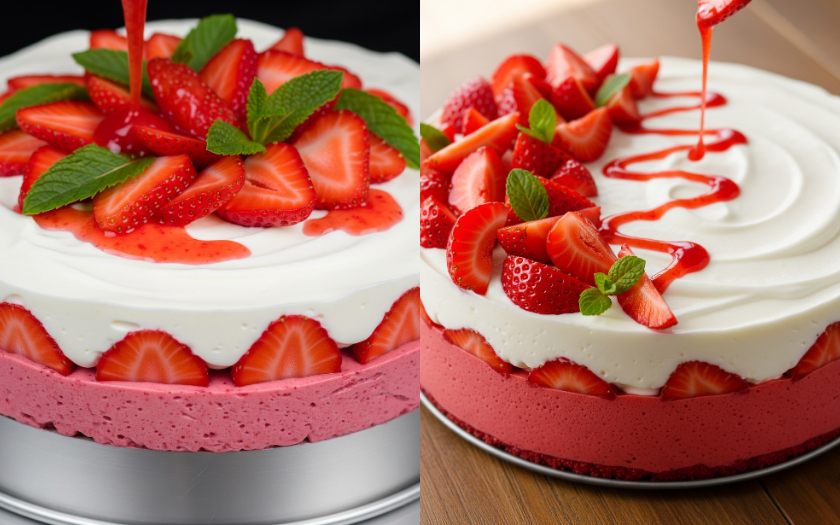 Bánh mousse dâu sau khi hoàn thành được trang trí với dâu tây tươi và lá bạc hà