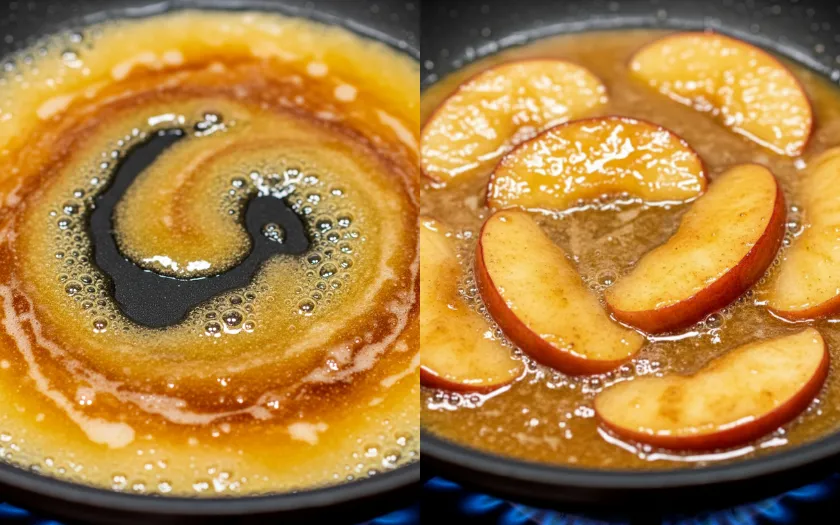 Caramel táo vàng óng, thơm lừng, tạo hương vị ngọt dịu cho bánh mousse