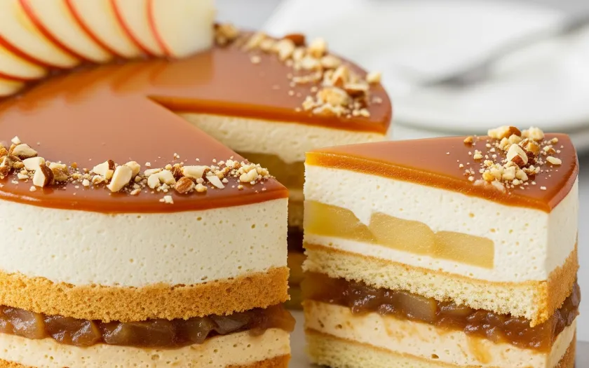 Bánh mousse thêm phần bắt mắt với táo tươi và caramel phủ nhẹ trên bề mặt