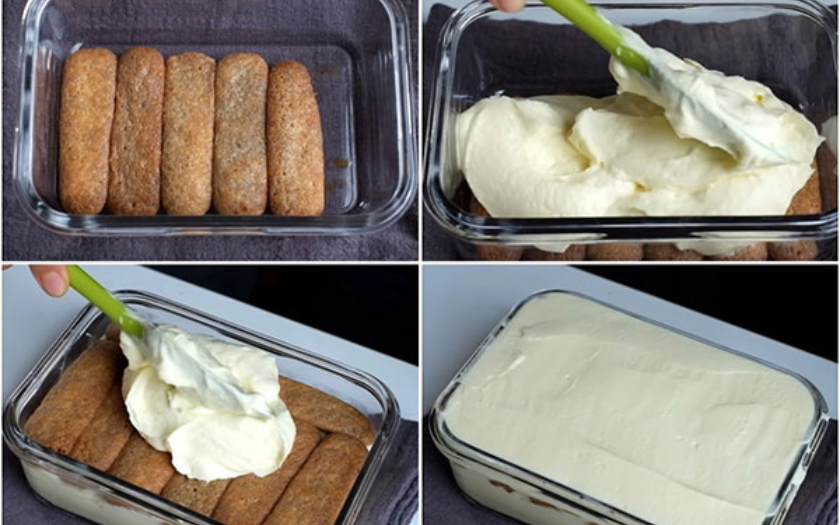 Xếp từng lớp bánh ladyfinger đã được nhúng cà phê vào khuôn