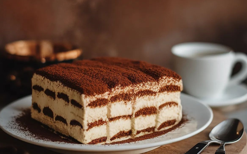 Thành phẩm bánh Tiramisu được rắc một lớp bột cacao