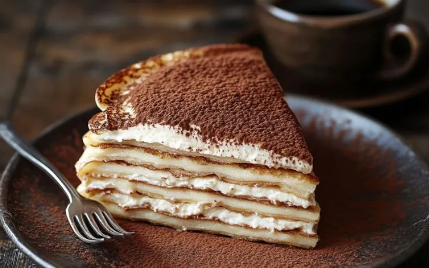 Tiramisu ngàn lớp xếp chồng đều đặn, xen giữa kem mascarpone và bánh quy mềm tan.
