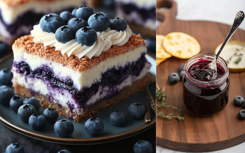 Tiramisu việt quất với sắc tím xanh dịu mắt, điểm vài quả việt quất mọng nước trên nền kem trắng.