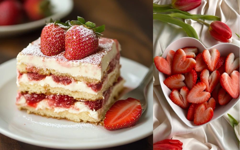 Miếng tiramisu dâu tây hồng tươi, xen lớp kem trắng mịn và lát dâu mọng nước trang trí bên trên.