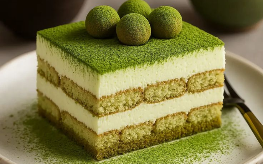 Tiramisu trà xanh phủ bột matcha xanh mướt, lớp kem béo ngậy hòa cùng vị trà thanh mát.