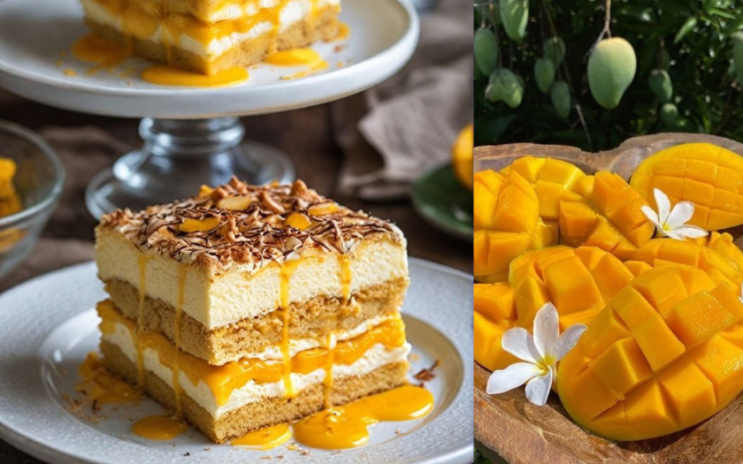 Tiramisu xoài vàng ươm, xen kẽ lớp kem mascarpone mịn màng và miếng xoài chín mọng ngọt dịu.