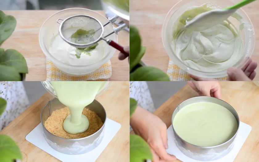Trộn kem và hỗn hợp matcha rồi đổ vào khuôn bánh để ủ lạnh