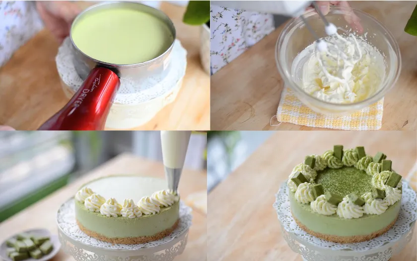 Trang trí bánh mousse matcha hoàn thiện với kem và bột trà xanh