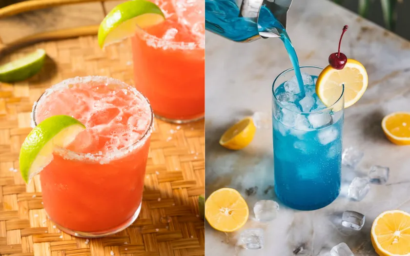 Watermelon Margarita ngọt mát dưa hấu viền muối và Blue Lagoon xanh biển quyến rũ, vị ngọt dịu dễ uống.