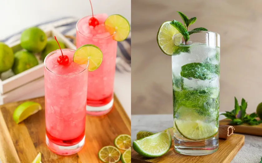 Shirley Temple hồng ngọt dịu với cherry đỏ và Virgin Mojito tươi mát cùng chanh, bạc hà và soda.