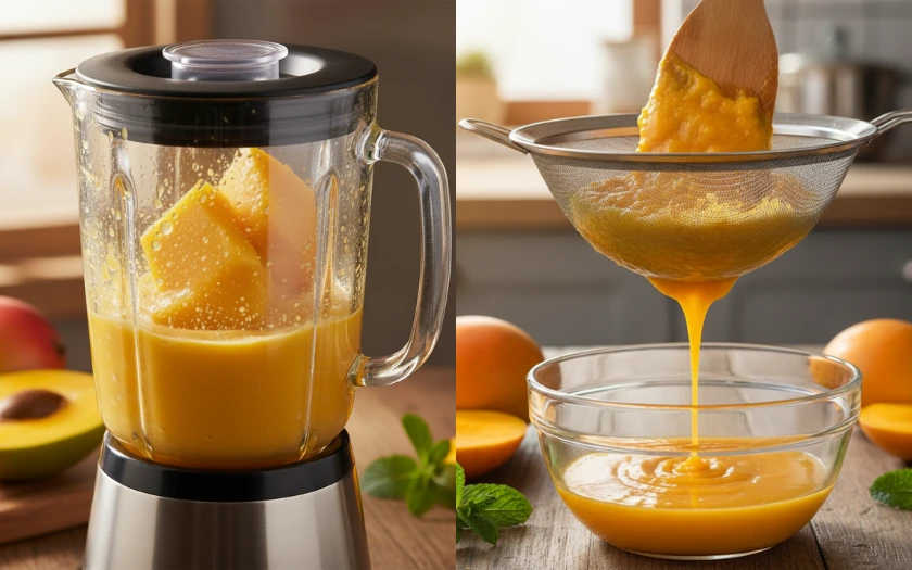Hỗn hợp xoài đạt cần được xay nhuyễn, sánh mịn và không còn lợn cợn