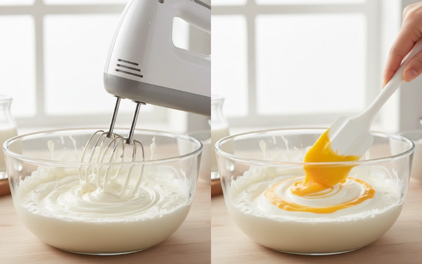 Để mousse ngon hơn, bạn nên làm lạnh kem tươi trước khi đánh và trộn theo kiểu hất nhẹ từ dưới đáy lên để giữ bọt khí