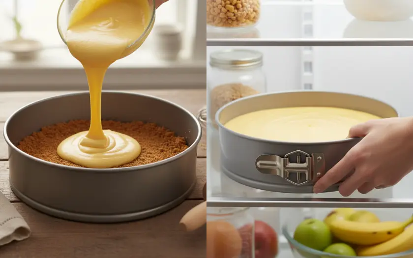 Khi đổ khuôn bánh mousse, bạn cần dàn đều lớp mousse, gõ nhẹ khuôn loại bỏ bọt khí để kết cấu bánh đẹp nhất