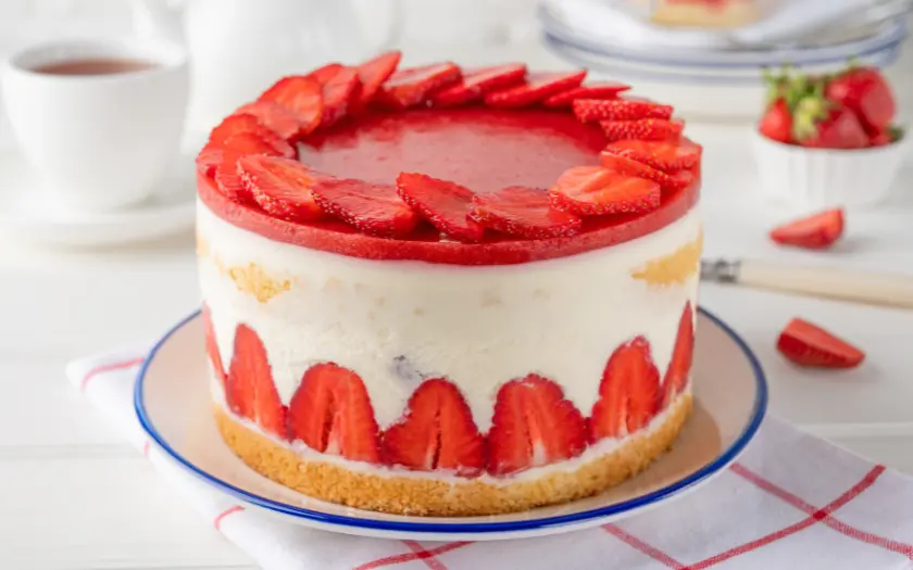Bánh cheesecake dâu tây với vị phô mai béo ngậy kết hợp cùng với vị chua ngọt đặc trưng của dâu tây tươi