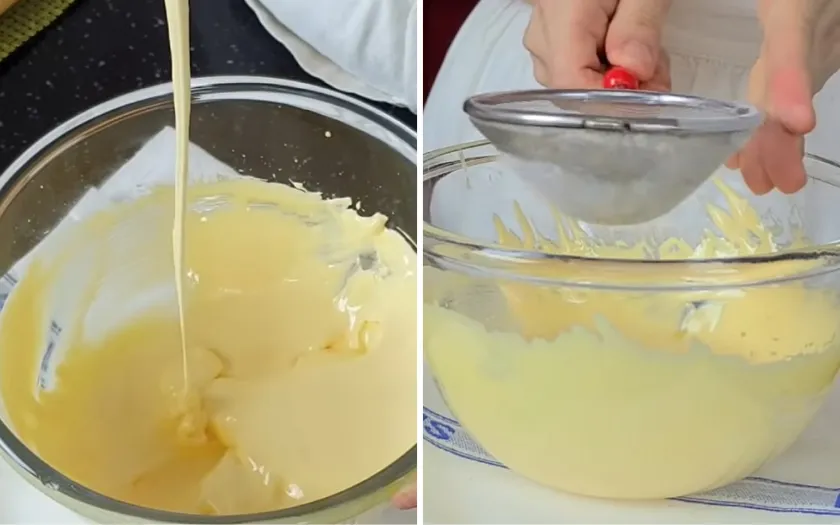 Đánh bông lòng đỏ trứng với đường sau đó rây bột mì vào hỗn hợp