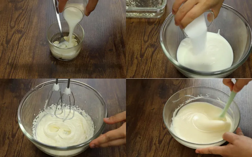 Hỗn hợp sữa chua hòa cùng gelatin tan chảy, trộn nhẹ nhàng với kem tươi đánh bông tạo kết cấu sánh mịn
