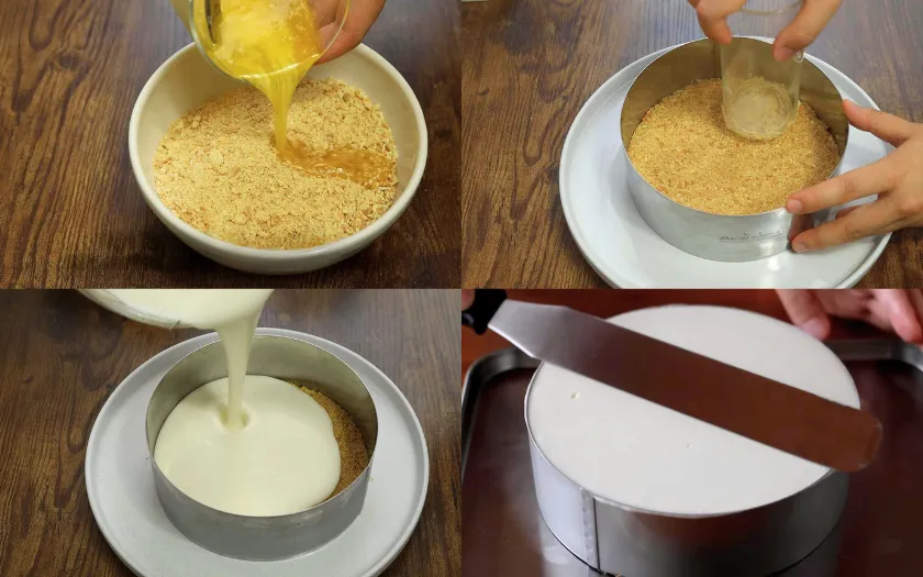Đế bánh quy trộn bơ ép chặt dưới khuôn, sau đó đổ mousse sữa chua lên trên, làm lạnh cho mặt bánh se mịn và đông lại