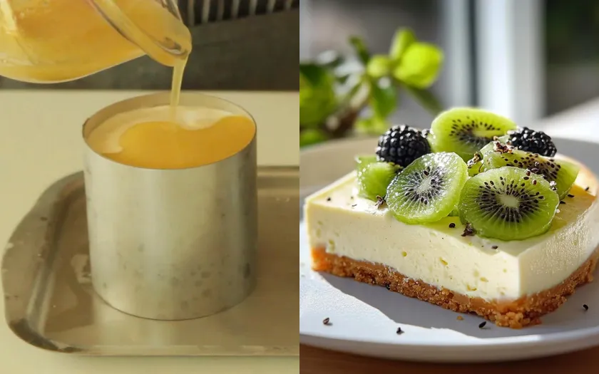 Lớp mousse kiwi trong suốt phủ trên mặt bánh, trang trí lát kiwi tươi và lá bạc hà, thành phẩm mát lạnh chua ngọt tan trong miệng