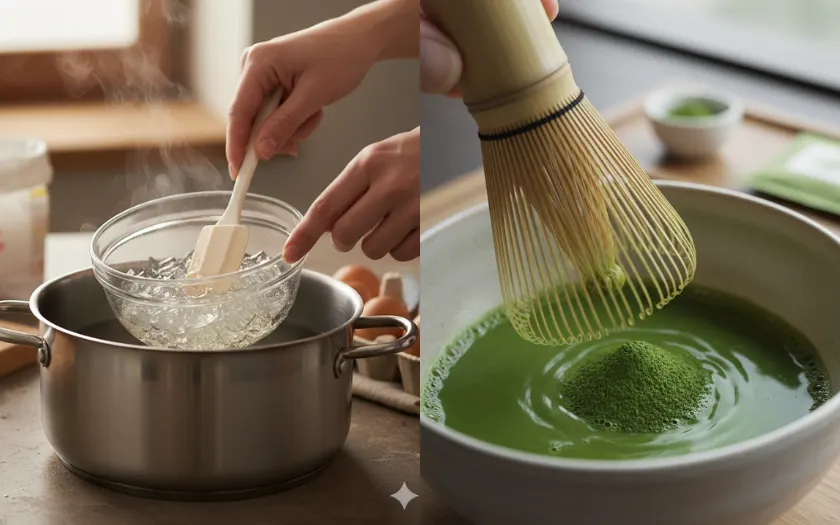 Bước này quan trọng nhất là gelatin được tan hết và bột matcha không còn lợn cợn
