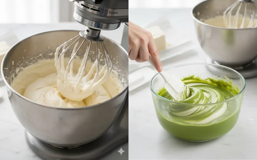 Trộn đều hỗn hợp cream cheese, gelatin đun chảy và matcha