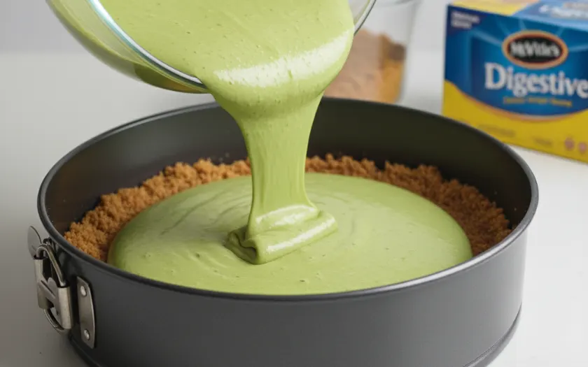 Lưu ý khi đỗ hỗn hợp phô mai matcha lên đế bánh cần dàn đều và đảm bảo không còn bọt khí trên bề mặt