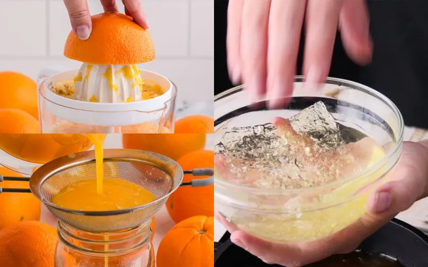 Bước đầu tiên, bạn cần vắt cam lấy nước và đun chảy gelatin