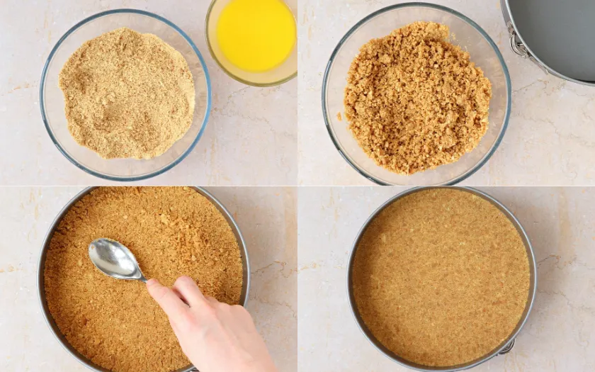 Phần đế bánh mousse được làm từ bơ lạt đun chảy và bánh quy nghiền vụn