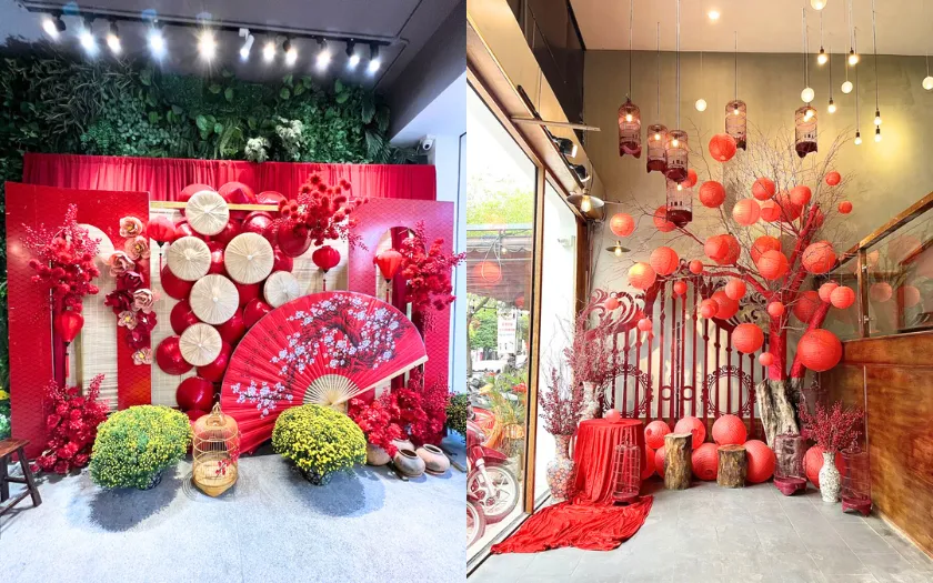Không gian 20/10 đậm hồn Việt, kết hợp sắc đỏ vàng và chất liệu tre nứa mộc mạc