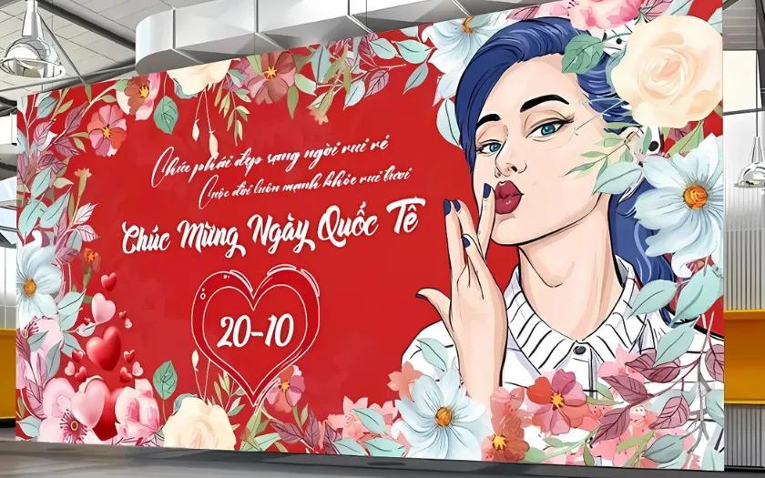 Backdrop trang trí 20/10 màu đỏ chủ đạo, hình cô gái và hoa lá tươi tắn, lý tưởng cho check-in công ty