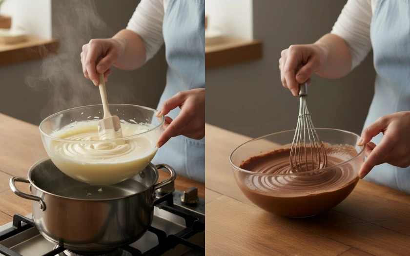 Đun cách thủy whipping cream đến khi hỗn hợp mềm mịn