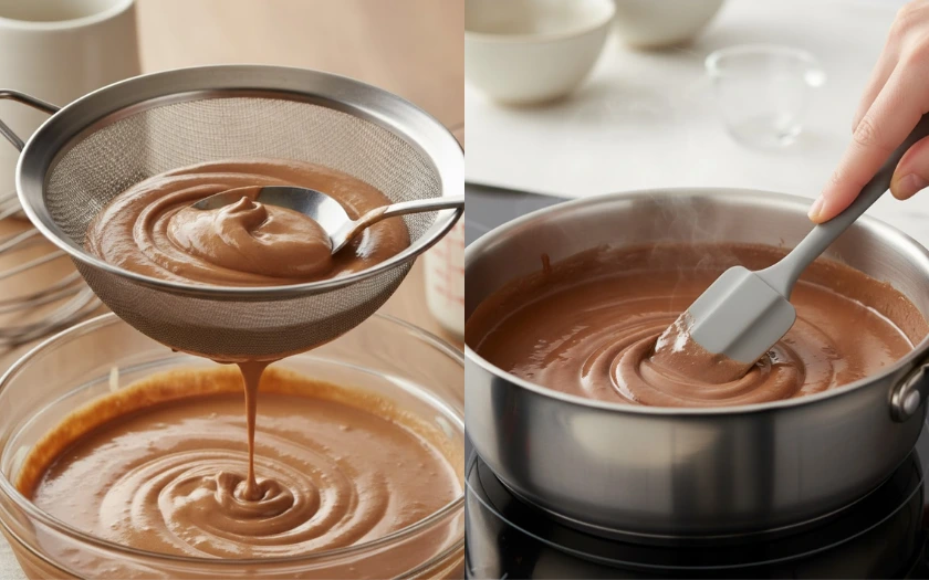 Đun hỗn hợp whipping cream và cacao trên lửa nhỏ