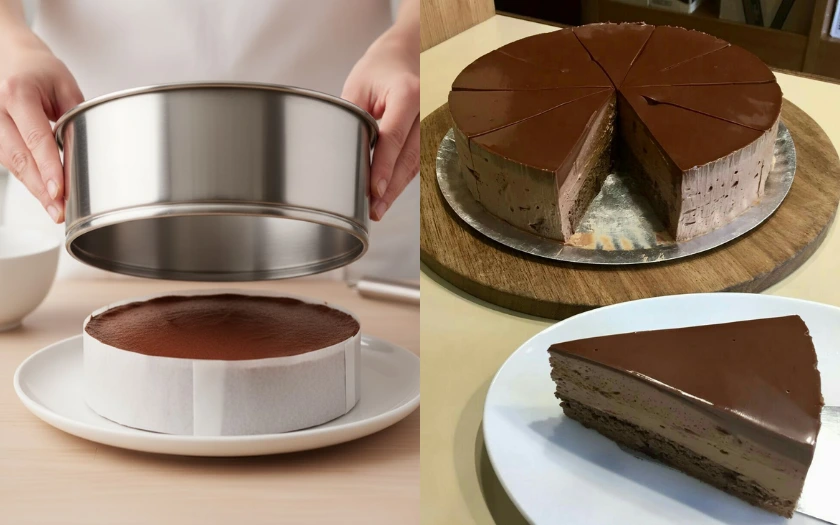 Chiếc bánh mousse socola mềm mịn, béo ngậy và chuẩn vị