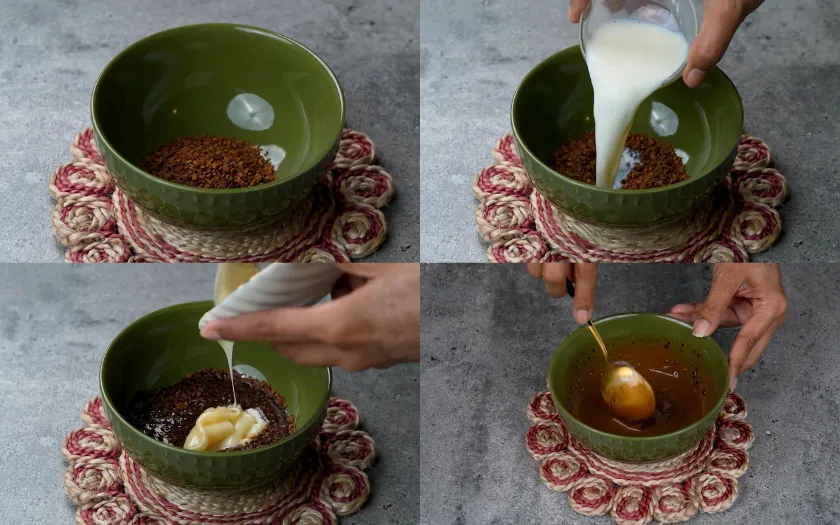 Hỗn hợp cà phê hòa cùng sữa tươi và sữa đặc, khuấy mịn và để nguội trước khi dùng