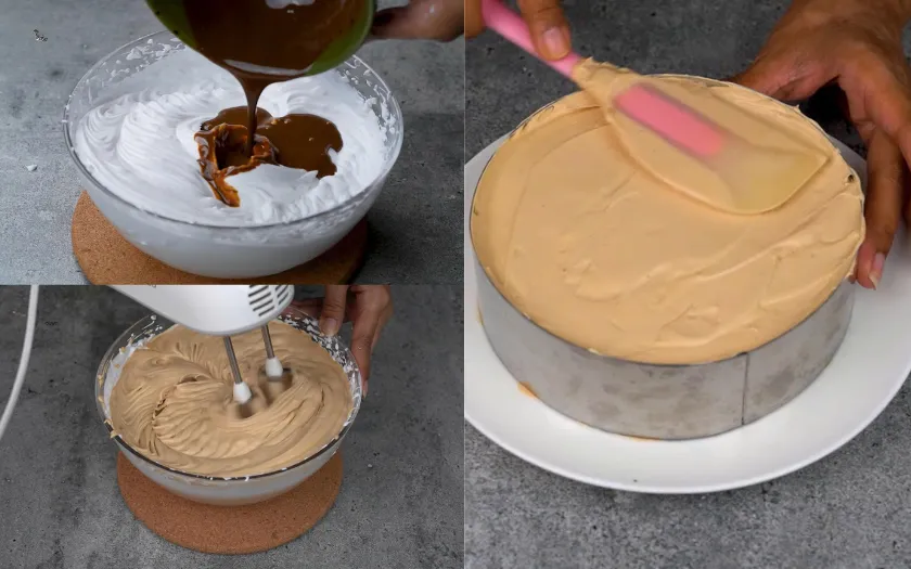 Hỗn hợp mousse cà phê nâu mịn được trộn nhẹ cùng kem tươi, sau đó đổ lên đế bánh Oreo