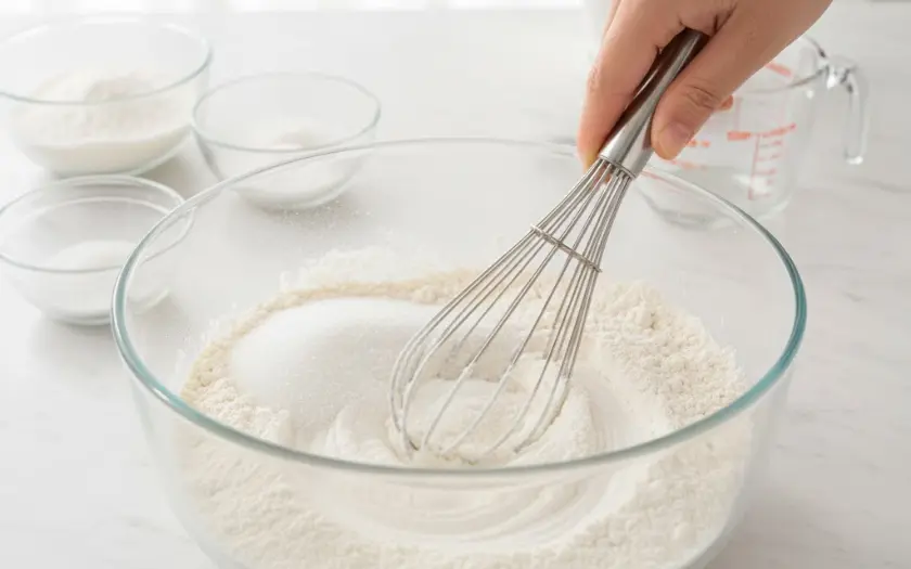 Trộn đều các nguyên liệu khô bằng phới lồng tới khi không còn lợn cợn là đạt