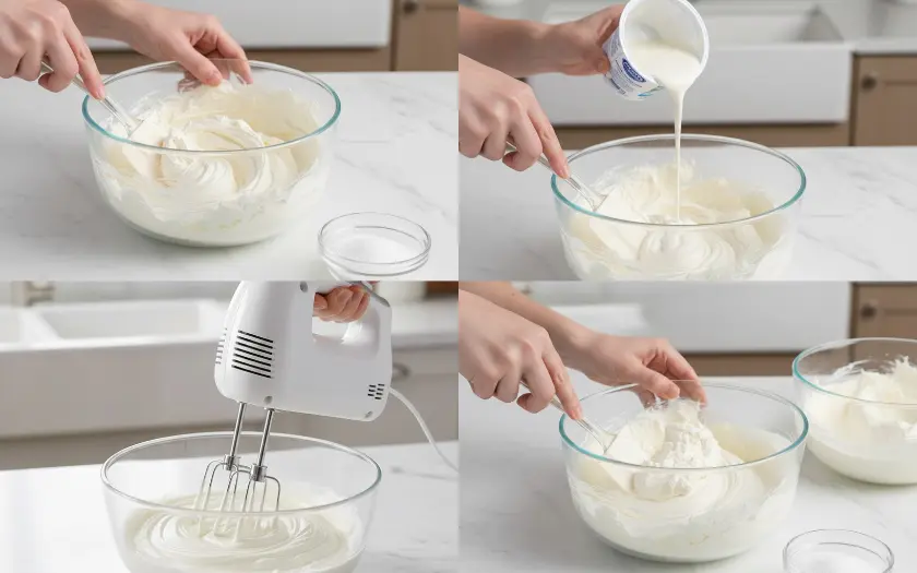 Trộn hỗn hợp cream cheese, sữa chua và whipping cream tạo lớp kem mịn béo
