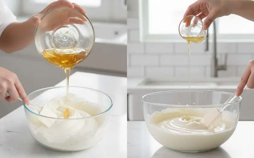 Rót gelatin ấm vào hỗn hợp kem phô mai và nước cốt chanh và khuấy đều