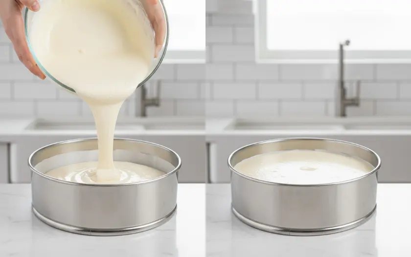 Đổ nhân cheesecake sữa chua vào khuôn và làm phẳng mặt bánh
