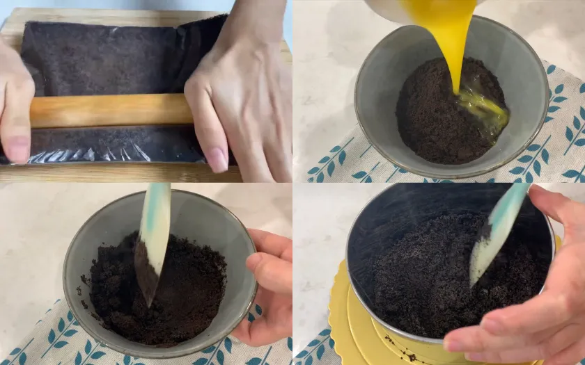 Trộn bơ lạt với bánh quy oreo nghiền vụn, nén chặt xuống đáy khuôn để tạo phần đế bánh