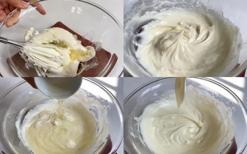 Đánh bông hỗn hợp kem phô mai với đường sau đó trộn cùng gelatin