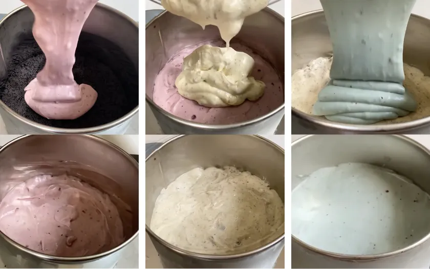 Lần lượt đổ khuôn từng lớp bánh