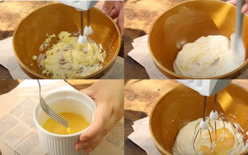 Bước 1: Trộn hỗn hợp kem phô mai, bơ, đường và trứng